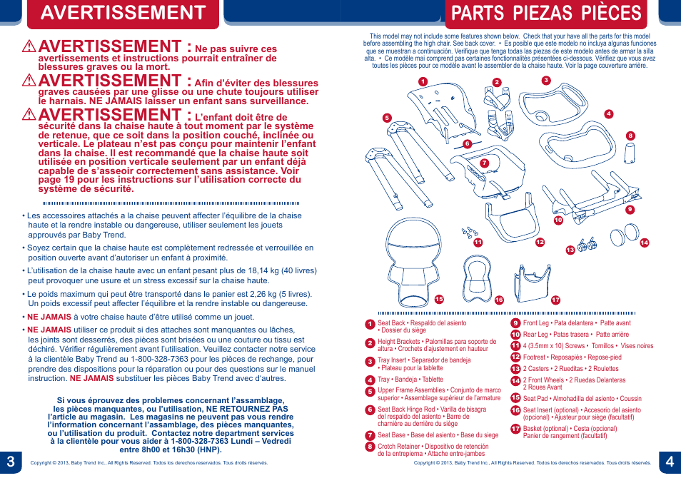 Parts piezas pièces, Avertissement | BabyTrend HC82933 - MYLIFT HIGH CHAIR - MOD BUG User Manual | Page 3 / 14