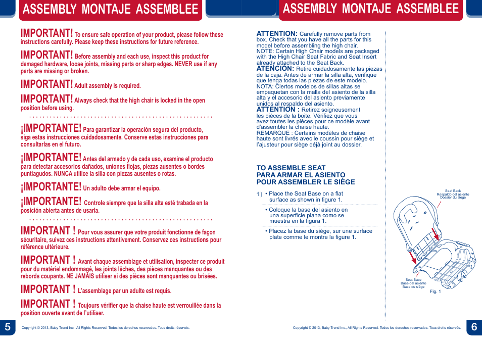 Assembly montaje assemblee, Important, Importante | BabyTrend HC82933 - MYLIFT HIGH CHAIR - MOD BUG User Manual | Page 4 / 14