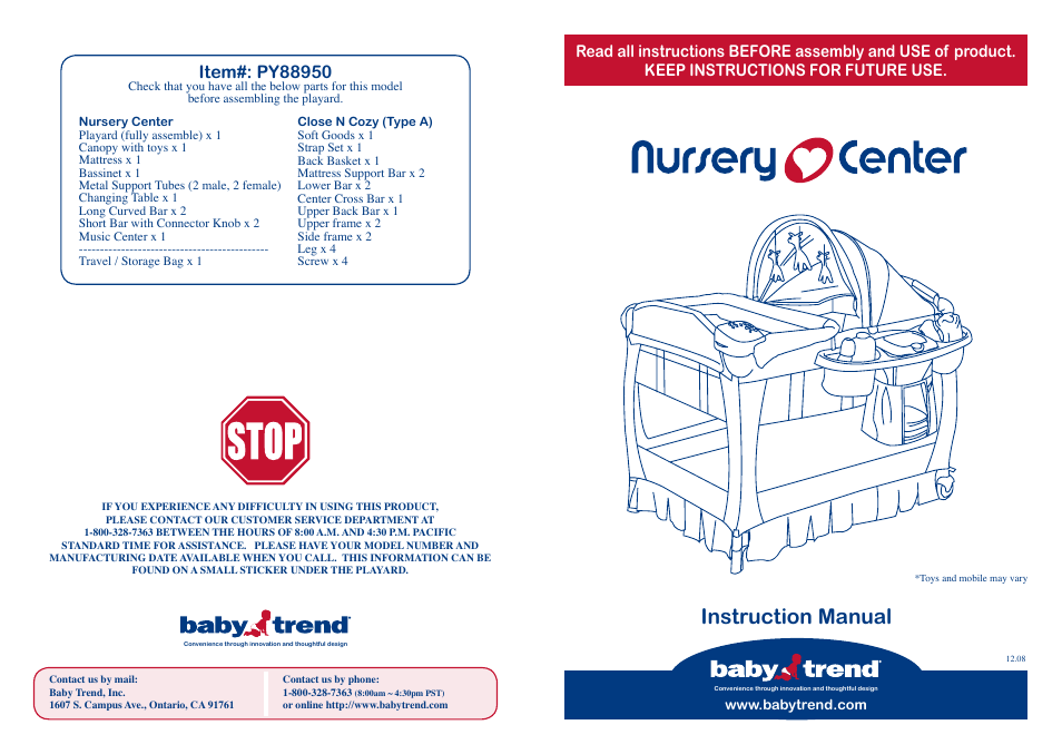 BabyTrend PY88950 - DELUXE NURSERY CENTER - METROPOLITAN User Manual | 10 pages