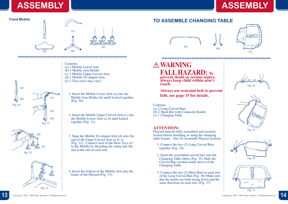 Assembly, Warning fall hazard | BabyTrend PY88950 - DELUXE NURSERY CENTER - METROPOLITAN User Manual | Page 8 / 10