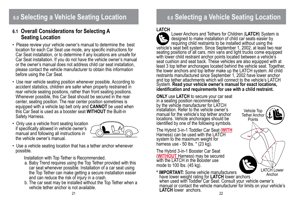 Selecting a vehicle seating location | BabyTrend HYBRID 3-IN-1 User Manual | Page 12 / 48