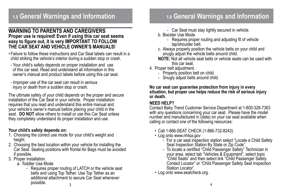 General warnings and information | BabyTrend HYBRID 3-IN-1 User Manual | Page 3 / 48