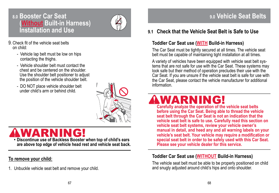Warning, Vehicle seat belts | BabyTrend HYBRID 3-IN-1 User Manual | Page 35 / 48