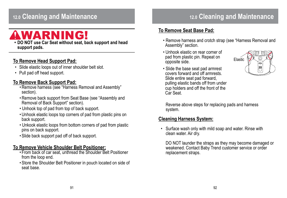 Warning, Cleaning and maintenance | BabyTrend HYBRID 3-IN-1 User Manual | Page 47 / 48