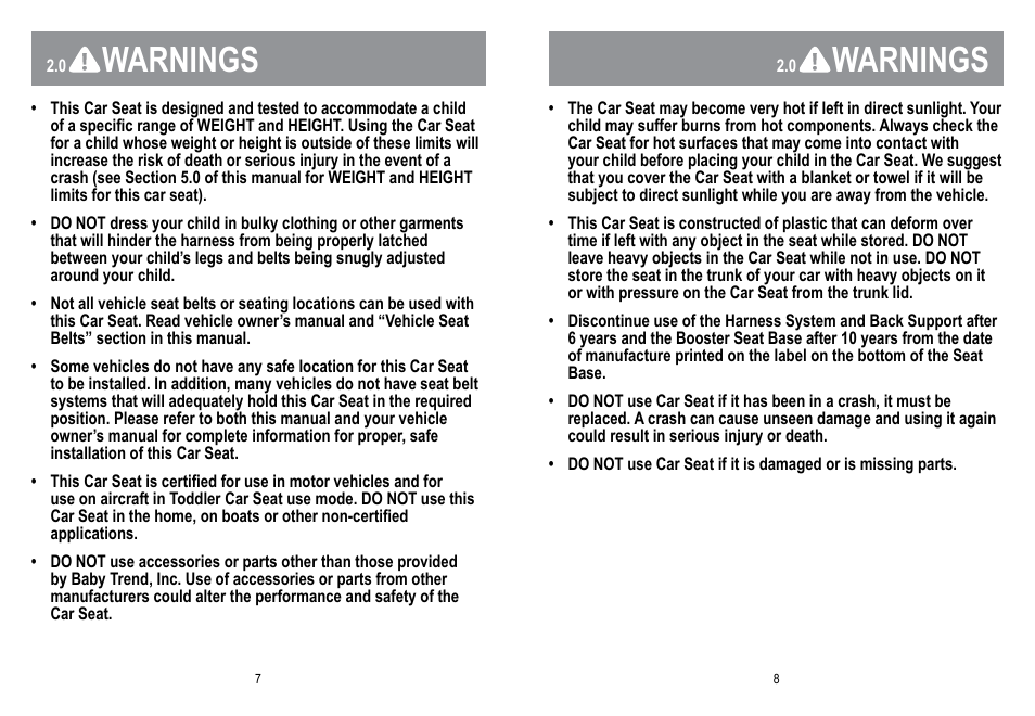 Warnings | BabyTrend HYBRID 3-IN-1 User Manual | Page 5 / 48