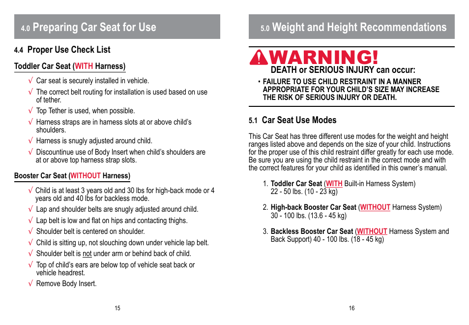 Warning, Preparing car seat for use, Weight and height recommendations | BabyTrend HYBRID 3-IN-1 User Manual | Page 9 / 48