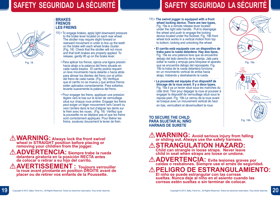Safety seguridad la sécurité, Warning, Advertencia | Avertissement, Strangulation hazard, Peligro de estrangulamiento | BabyTrend JG99773 - RANGE JOGGER - MILLENNIUM User Manual | Page 11 / 16