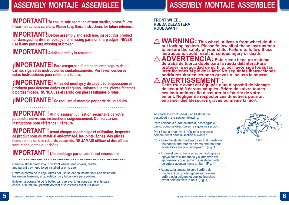 Assembly montaje assemblee, Warning, Advertencia | Avertissement, Important, Importante | BabyTrend JG99773 - RANGE JOGGER - MILLENNIUM User Manual | Page 4 / 16