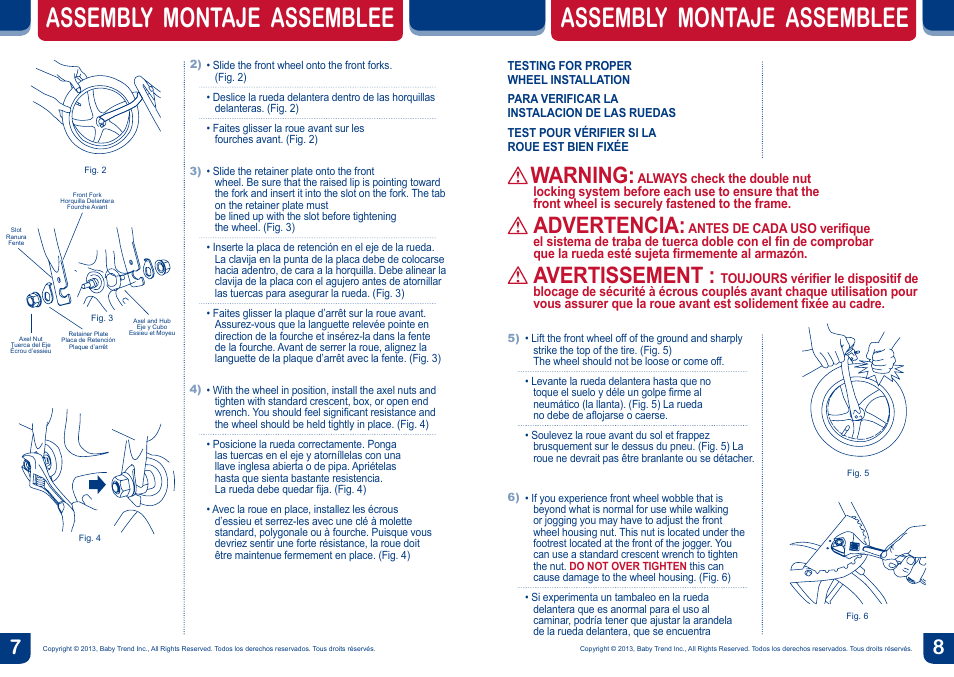 Assembly montaje assemblee, Warning, Advertencia | Avertissement | BabyTrend JG99773 - RANGE JOGGER - MILLENNIUM User Manual | Page 5 / 16