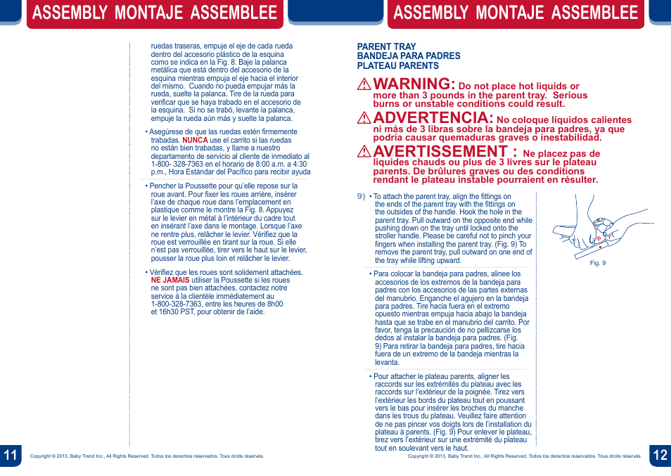 Assembly montaje assemblee, Warning, Advertencia | Avertissement | BabyTrend JG99773 - RANGE JOGGER - MILLENNIUM User Manual | Page 7 / 16