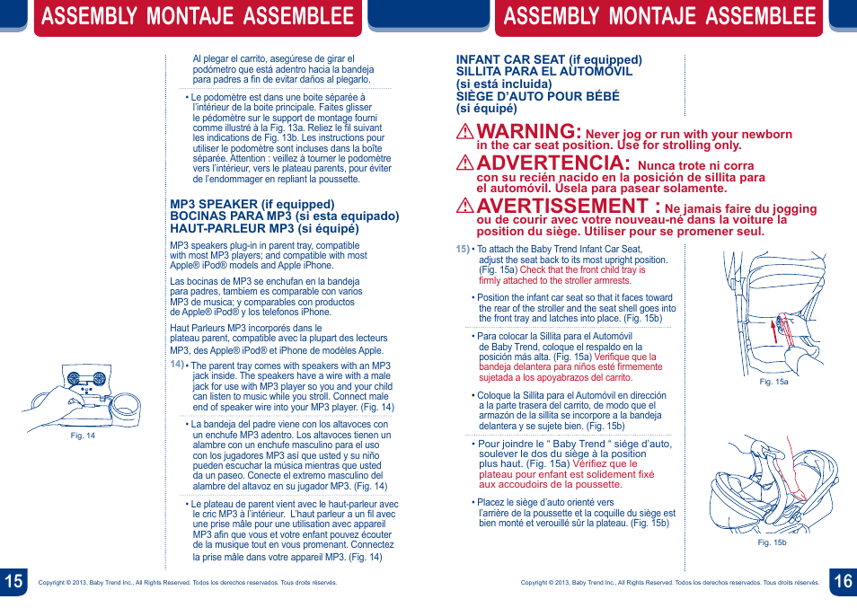 Assembly montaje assemblee, Warning, Advertencia | Avertissement | BabyTrend JG99773 - RANGE JOGGER - MILLENNIUM User Manual | Page 9 / 16