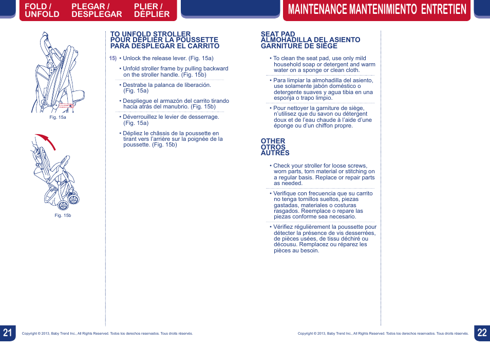 Warning, Maintenance mantenimiento entretien | BabyTrend TS32192 - SPIN TRAVEL SYSTEM - SUPERNOVA User Manual | Page 12 / 12