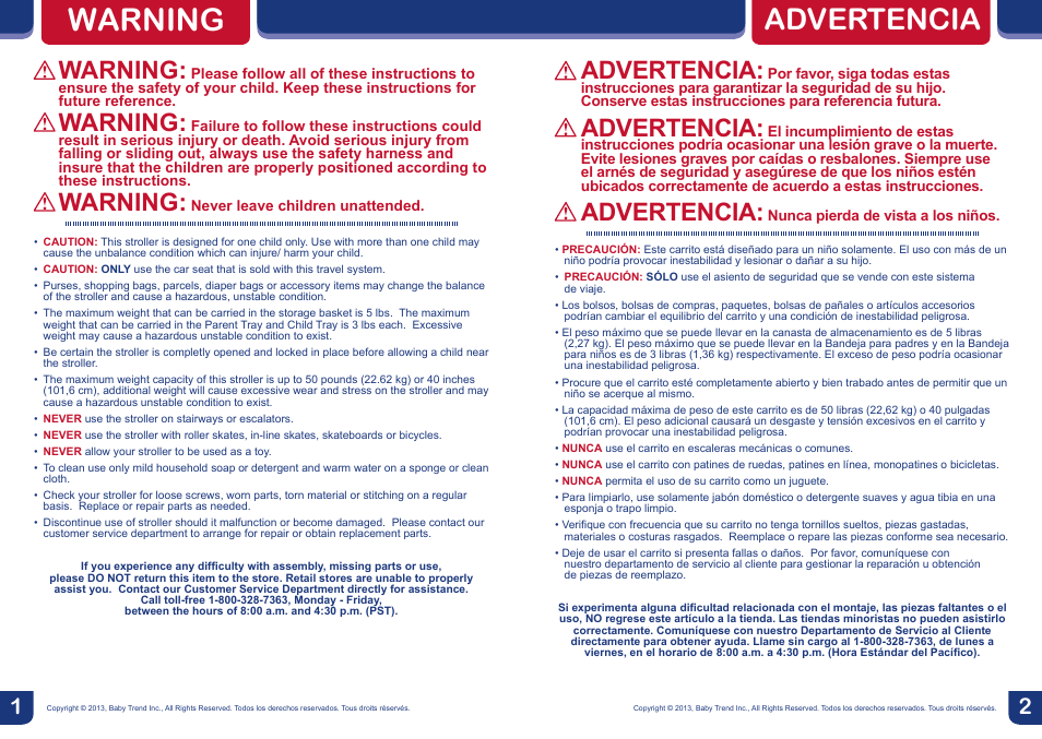 Warning, Advertencia | BabyTrend TS32192 - SPIN TRAVEL SYSTEM - SUPERNOVA User Manual | Page 2 / 12
