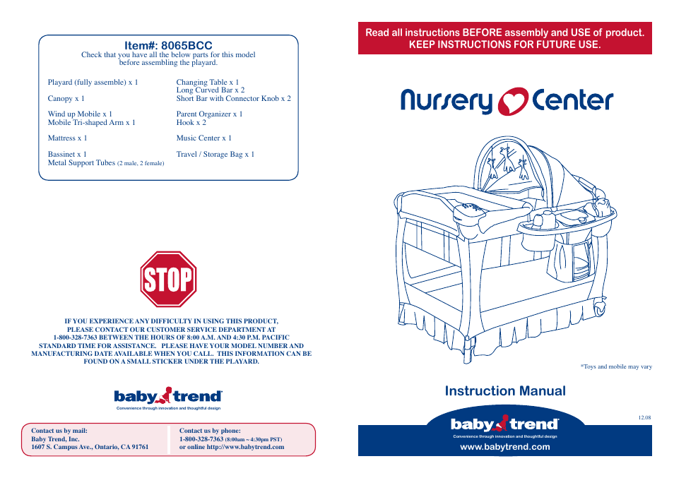 BabyTrend 8065BCC - DELUXE NURSERY CENTER - ORANGE OAK User Manual | 10 pages