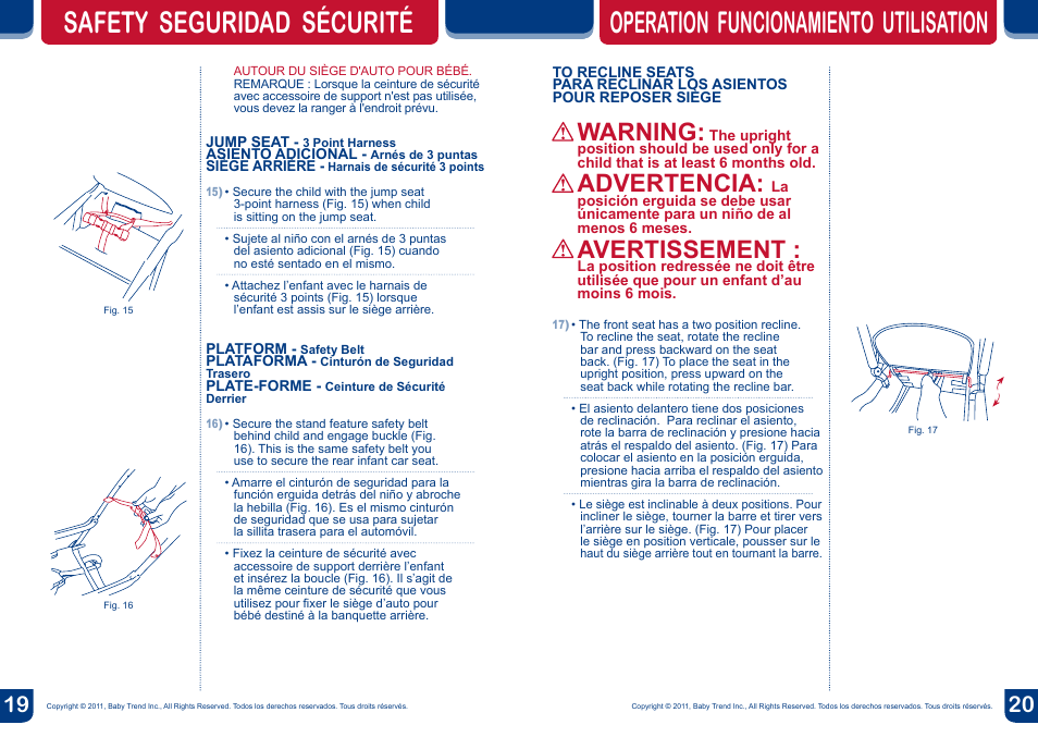 Warning, Advertencia, Avertissement | BabyTrend SS66773 - SIT N' STAND ULTRA STROLLER- MILLENIUM User Manual | Page 11 / 16