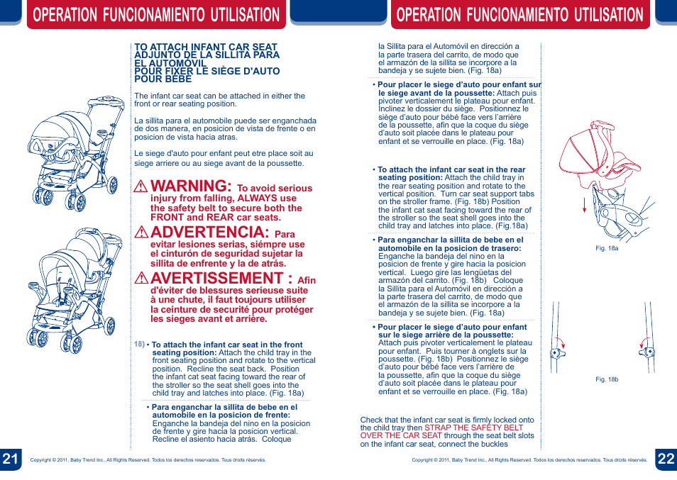 Operation funcionamiento utilisation, Warning, Advertencia | Avertissement | BabyTrend SS66773 - SIT N' STAND ULTRA STROLLER- MILLENIUM User Manual | Page 12 / 16