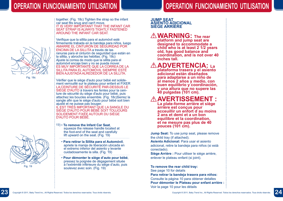 Warning, Operation funcionamiento utilisation, Advertencia | Avertissement | BabyTrend SS66773 - SIT N' STAND ULTRA STROLLER- MILLENIUM User Manual | Page 13 / 16