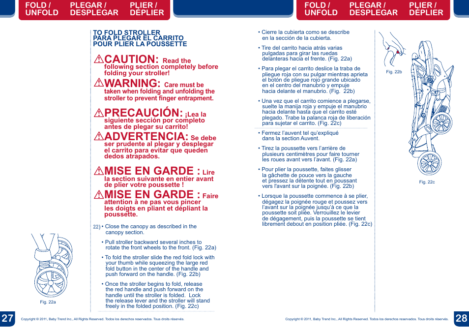 Warning, Caution, Precaución | Advertencia, Mise en garde | BabyTrend SS66773 - SIT N' STAND ULTRA STROLLER- MILLENIUM User Manual | Page 15 / 16