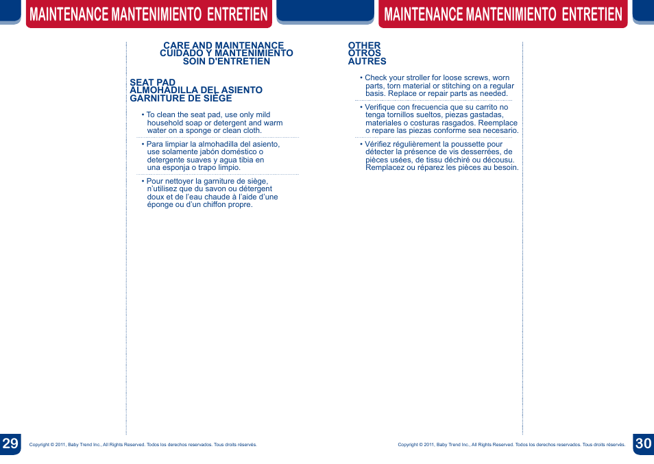 Maintenance mantenimiento entretien | BabyTrend SS66773 - SIT N' STAND ULTRA STROLLER- MILLENIUM User Manual | Page 16 / 16