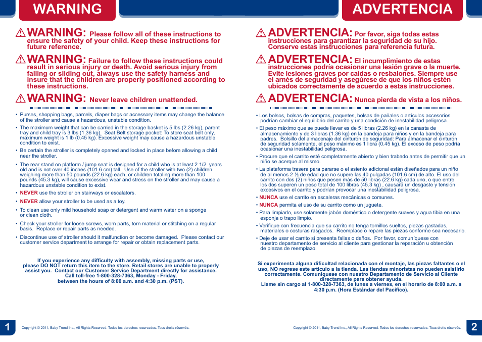 Warning, Advertencia | BabyTrend SS66773 - SIT N' STAND ULTRA STROLLER- MILLENIUM User Manual | Page 2 / 16