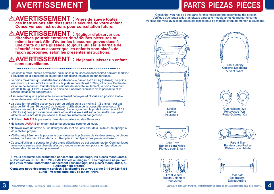 Parts piezas pièces, Avertissement | BabyTrend SS66773 - SIT N' STAND ULTRA STROLLER- MILLENIUM User Manual | Page 3 / 16