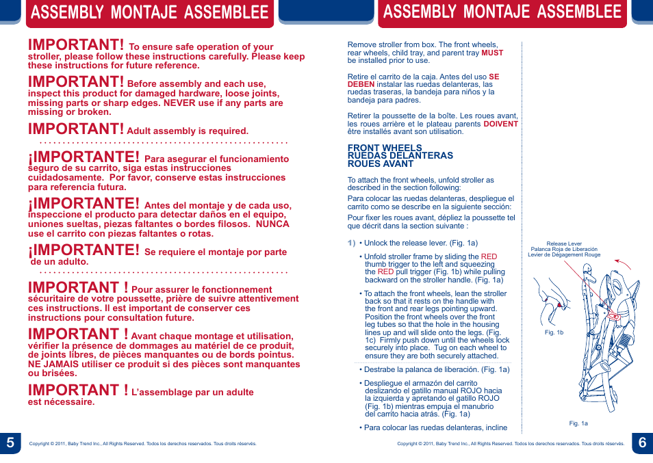 Assembly montaje assemblee, Important, Importante | BabyTrend SS66773 - SIT N' STAND ULTRA STROLLER- MILLENIUM User Manual | Page 4 / 16