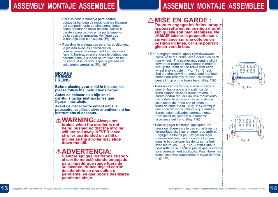 Assembly montaje assemblee, Warning, Advertencia | Mise en garde | BabyTrend SS66773 - SIT N' STAND ULTRA STROLLER- MILLENIUM User Manual | Page 8 / 16