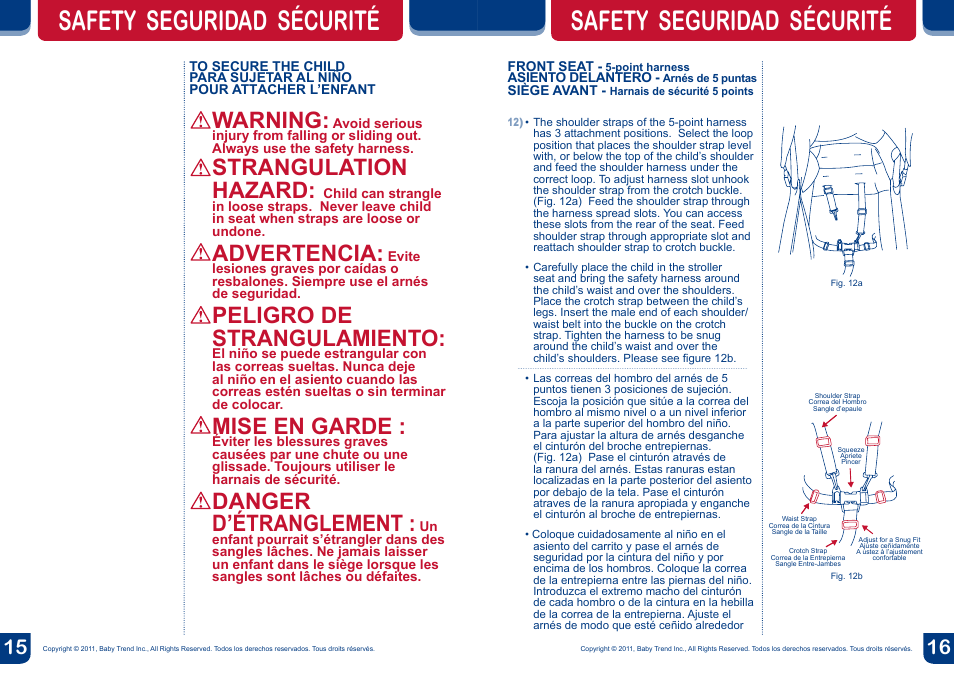 Safety seguridad sécurité, Warning, Strangulation hazard | Advertencia, Peligro de strangulamiento, Mise en garde, Danger d’étranglement | BabyTrend SS66773 - SIT N' STAND ULTRA STROLLER- MILLENIUM User Manual | Page 9 / 16