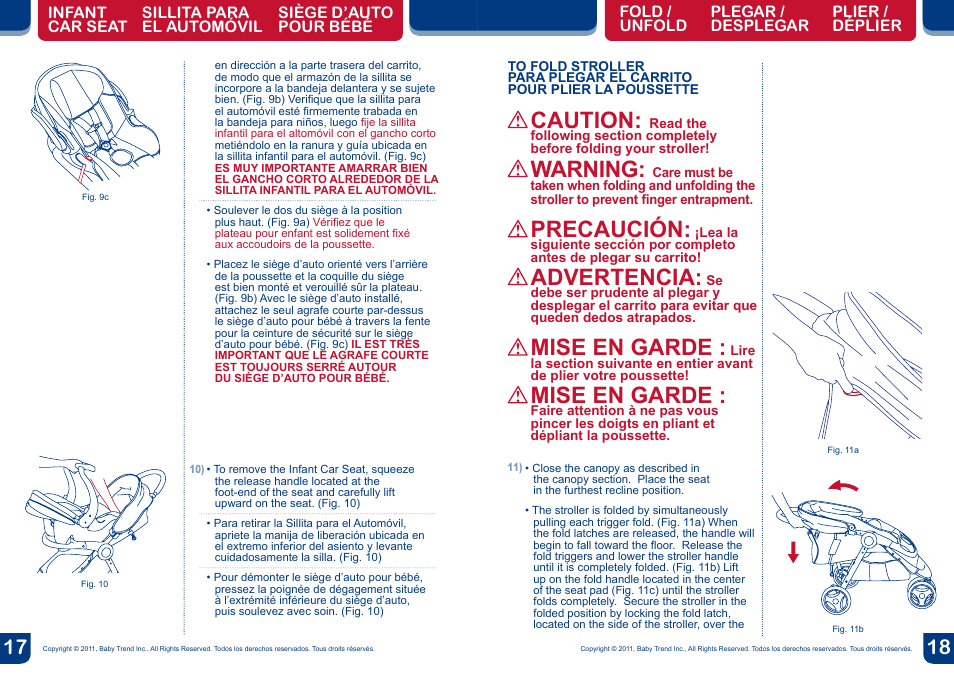 Caution, Warning, Precaución | Advertencia, Mise en garde | BabyTrend TS37077 - RIDE TRAVEL SYSTEM - TANGO User Manual | Page 10 / 12