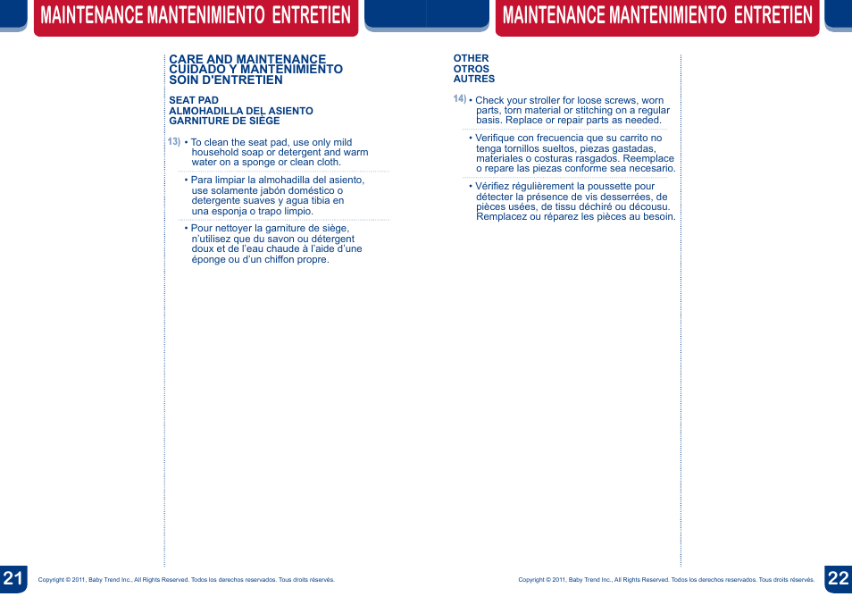 Maintenance mantenimiento entretien | BabyTrend TS37077 - RIDE TRAVEL SYSTEM - TANGO User Manual | Page 12 / 12