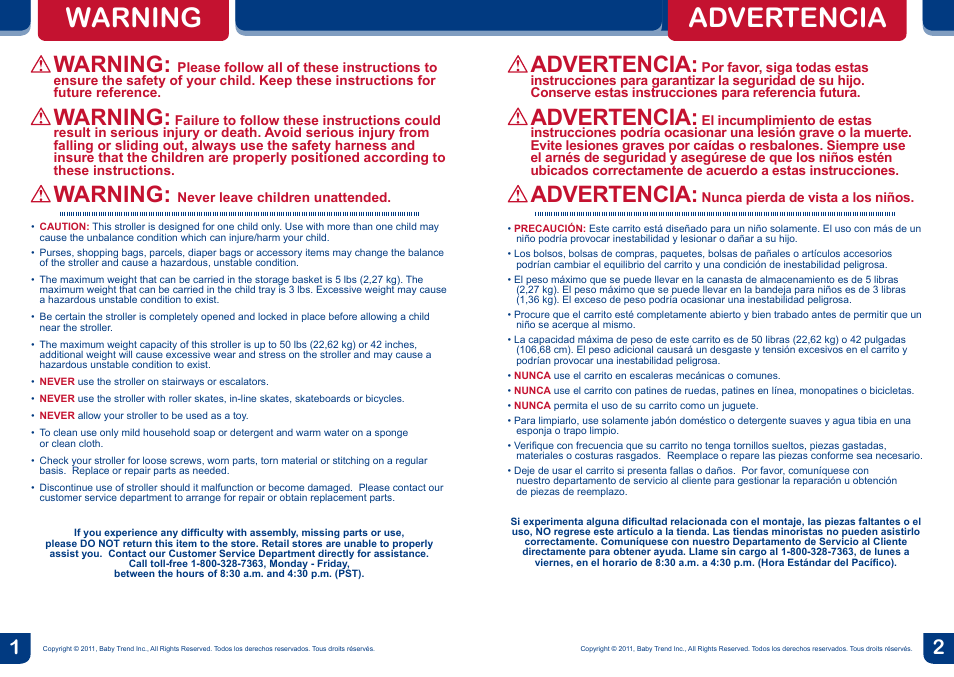 Warning, Advertencia | BabyTrend TS37077 - RIDE TRAVEL SYSTEM - TANGO User Manual | Page 2 / 12