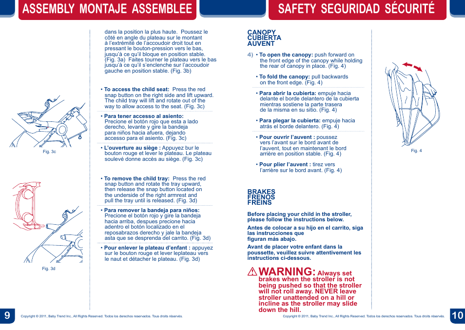Assembly montaje assemblee, Safety seguridad sécurité, Warning | BabyTrend TS37077 - RIDE TRAVEL SYSTEM - TANGO User Manual | Page 6 / 12