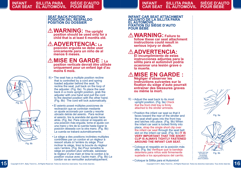 Warning, Advertencia, Mise en garde | BabyTrend TS37077 - RIDE TRAVEL SYSTEM - TANGO User Manual | Page 9 / 12