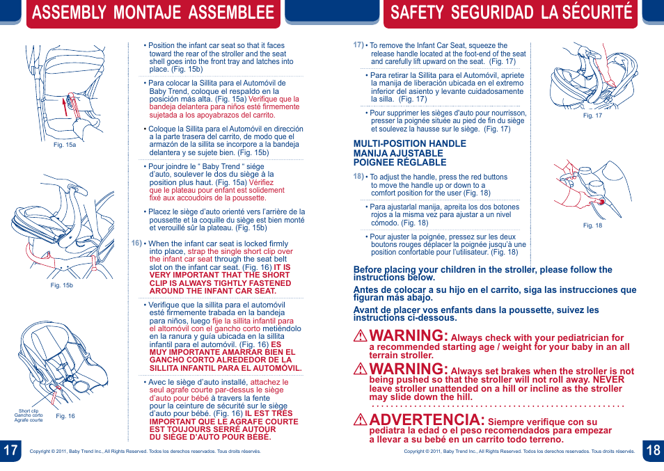 Assembly montaje assemblee, Safety seguridad la sécurité, Warning | Advertencia | BabyTrend TJ93103 - EXPEDITION ELX TRAVEL SYSTEM - WINDSOR User Manual | Page 10 / 16