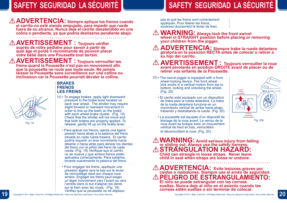 Safety seguridad la sécurité, Warning, Advertencia | Avertissement, Strangulation hazard, Peligro de estrangulamiento | BabyTrend TJ93103 - EXPEDITION ELX TRAVEL SYSTEM - WINDSOR User Manual | Page 11 / 16