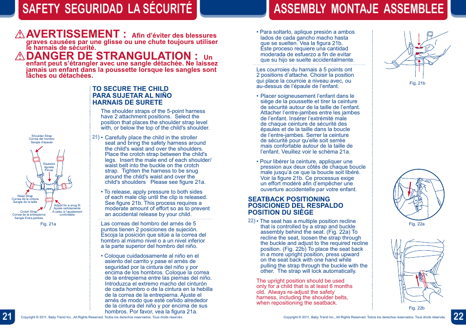 Assembly montaje assemblee, Safety seguridad la sécurité, Avertissement | Danger de strangulation | BabyTrend TJ93103 - EXPEDITION ELX TRAVEL SYSTEM - WINDSOR User Manual | Page 12 / 16