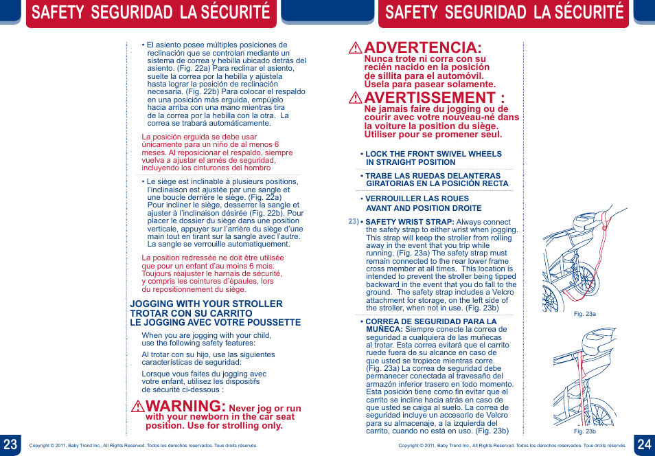 Safety seguridad la sécurité, Advertencia, Avertissement | Warning | BabyTrend TJ93103 - EXPEDITION ELX TRAVEL SYSTEM - WINDSOR User Manual | Page 13 / 16