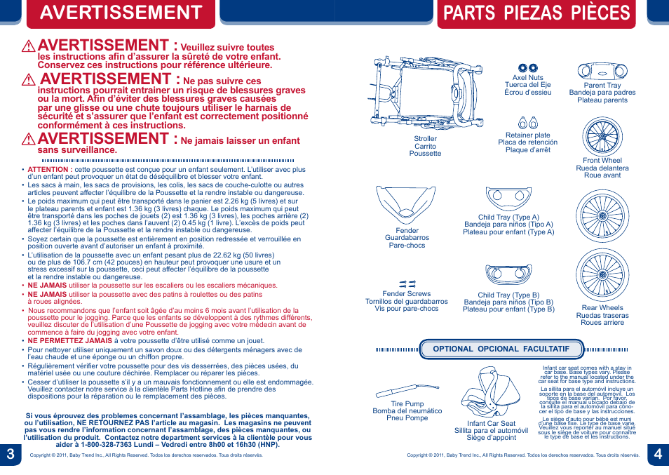 Parts piezas pièces, Avertissement | BabyTrend TJ93103 - EXPEDITION ELX TRAVEL SYSTEM - WINDSOR User Manual | Page 3 / 16