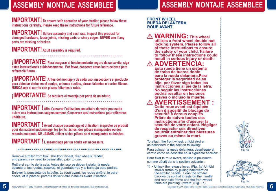 Assembly montaje assemblee, Important, Importante | Warning, Advertencia, Avertissement | BabyTrend TJ93103 - EXPEDITION ELX TRAVEL SYSTEM - WINDSOR User Manual | Page 4 / 16