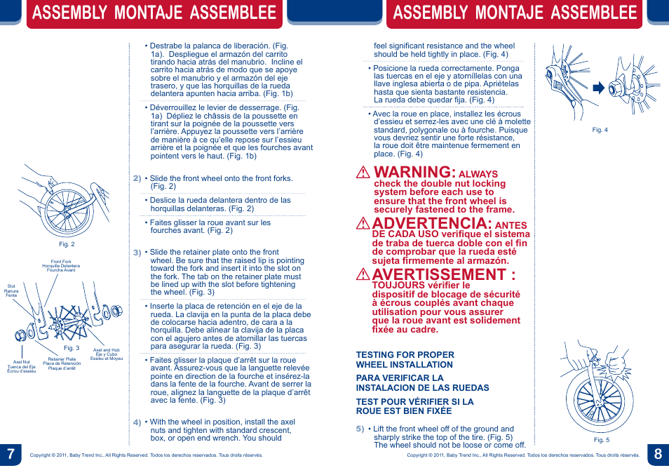 Assembly montaje assemblee, Warning, Advertencia | Avertissement | BabyTrend TJ93103 - EXPEDITION ELX TRAVEL SYSTEM - WINDSOR User Manual | Page 5 / 16