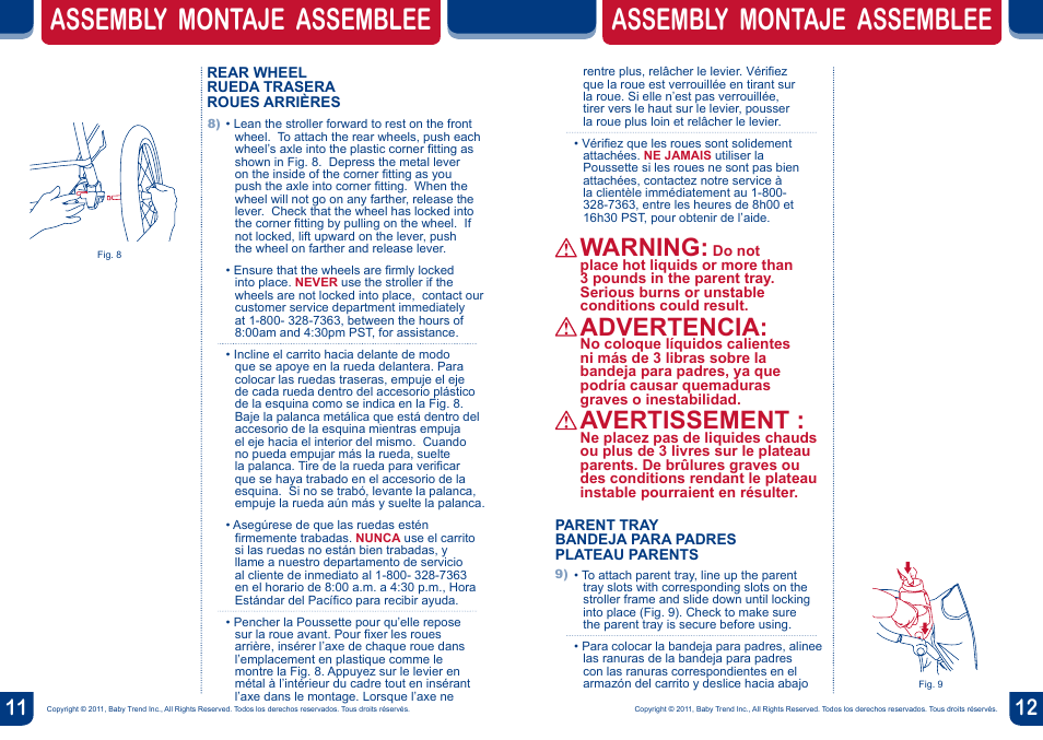 Assembly montaje assemblee, Warning, Advertencia | Avertissement | BabyTrend TJ93103 - EXPEDITION ELX TRAVEL SYSTEM - WINDSOR User Manual | Page 7 / 16