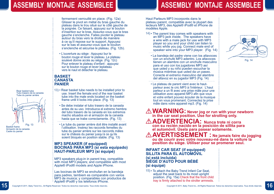 Assembly montaje assemblee, Warning, Advertencia | Avertissement | BabyTrend TJ93103 - EXPEDITION ELX TRAVEL SYSTEM - WINDSOR User Manual | Page 9 / 16