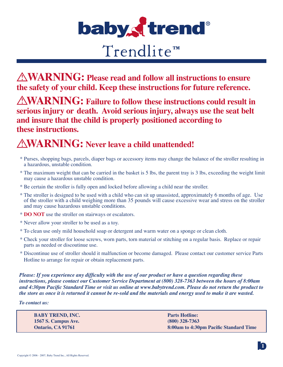 Trendlite, Warning, Never leave a child unattended | BabyTrend 1204 - TRENDLITE User Manual | Page 2 / 5