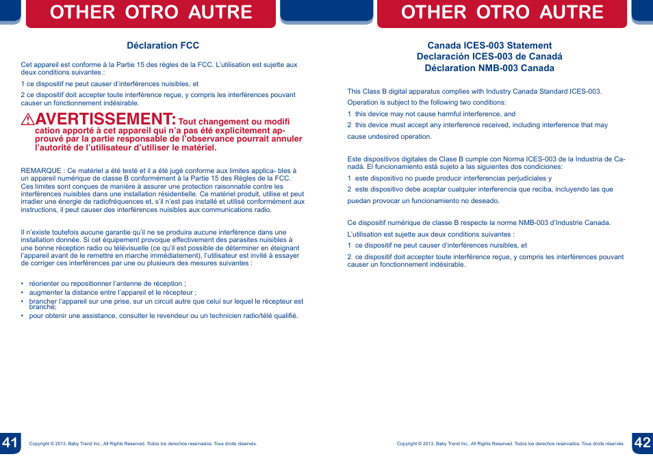 Other otro autre, Avertissement | BabyTrend PY85755 - SERENE NURSERY CENTER - HELLO KITTY POLKA DOT FLORAL User Manual | Page 22 / 22