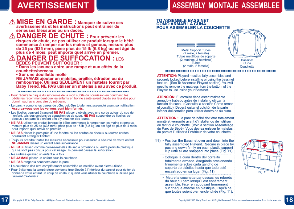 Avertissement, Assembly montaje assemblee, Mise en garde | Danger de chute, Danger de suffocation | BabyTrend PY81988 - NURSERY CENTER - ZUMA User Manual | Page 10 / 12