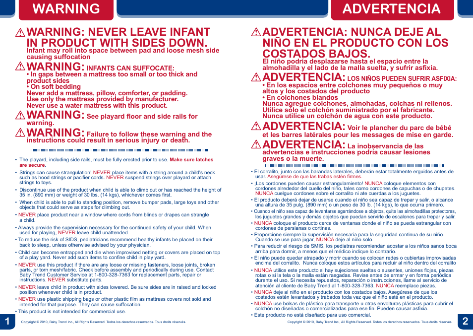 Warning, Advertencia | BabyTrend PY81988 - NURSERY CENTER - ZUMA User Manual | Page 2 / 12