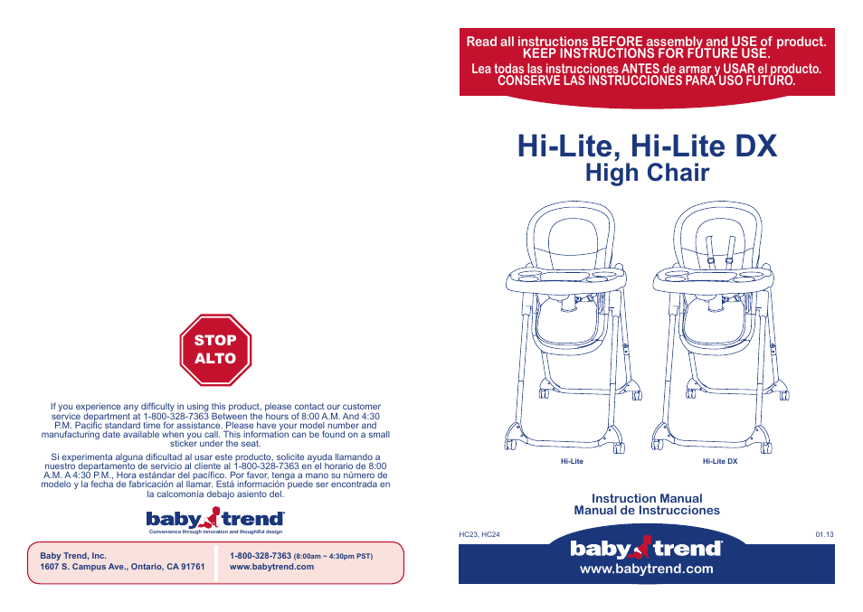 BabyTrend HC24954 - HI-LITE DX HIGH CHAIR - SAVANNAH User Manual | 10 pages