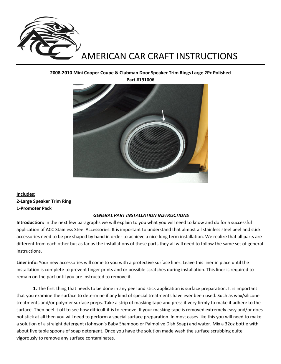 American Car Craft Mini Cooper Coupe & Clubman Door Speaker Trim Rings Large 2Pc Polished 2008-2010 User Manual | 2 pages