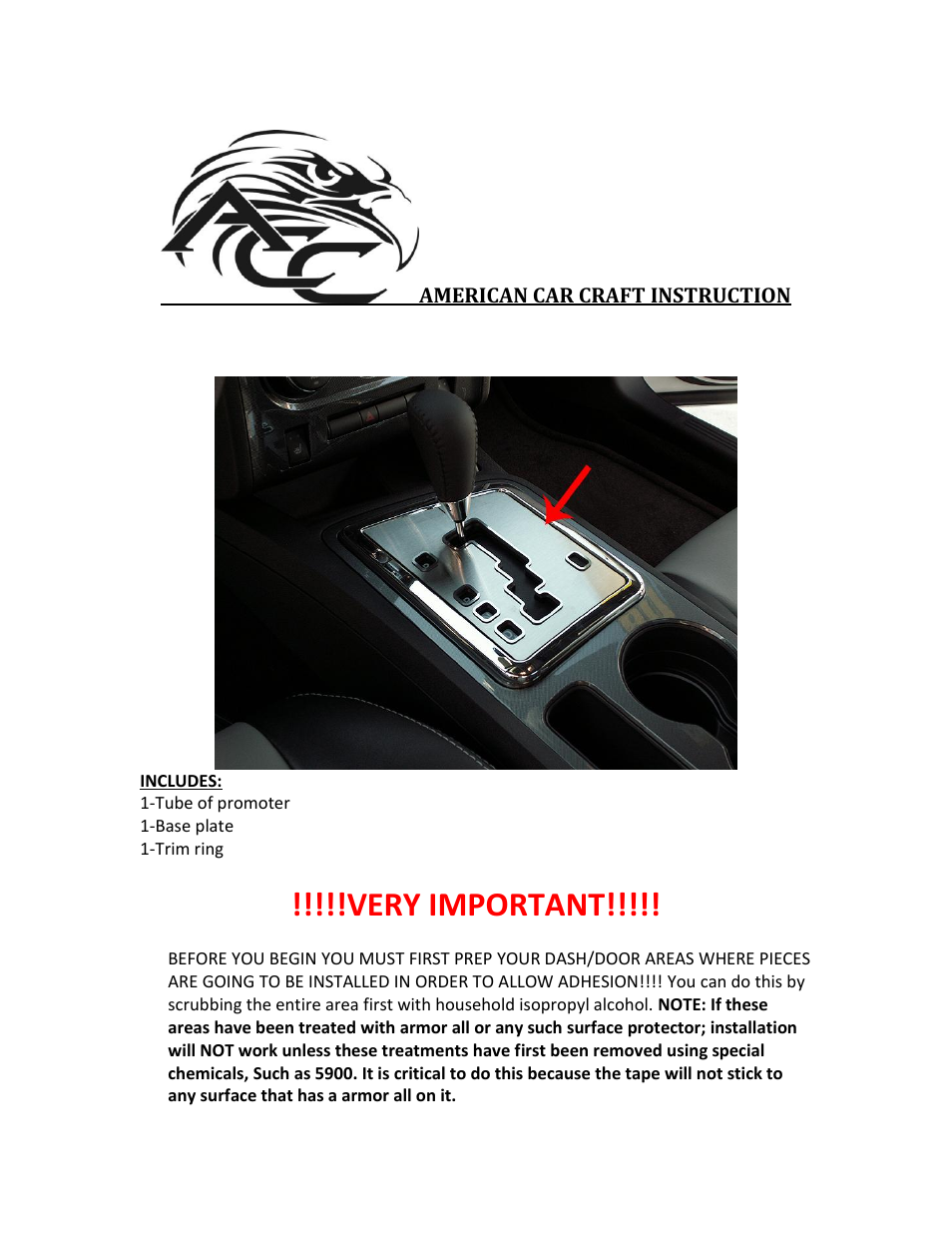 American Car Craft Challenger 5.7 and SRT 8 Shifter Plate Brushed Auto 2008-2013 User Manual | 2 pages