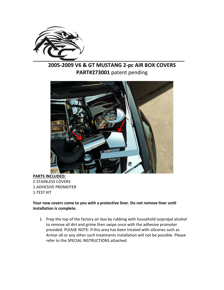 American Car Craft Mustang Air Box Covers Polished 2Pc V6 & GT 2005-2009 User Manual | 2 pages